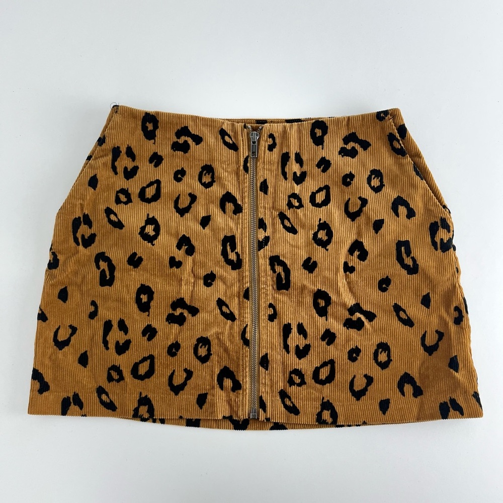 Obey Leopard Print Corduroy Mini Skirt 26 Tan Black Zip Front Y2K Punk Grunge